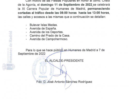 Bando Municipal: Calles cortadas en la XI Carrera Popular del 11/09/2022