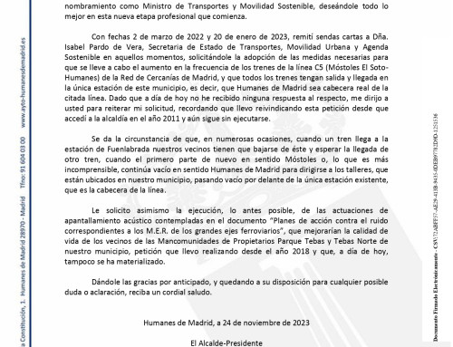 El alcalde solicita, una vez más, el aumento en la frecuencia de trenes y que Humanes de Madrid sea cabecera real de la línea de Cercanías C-5